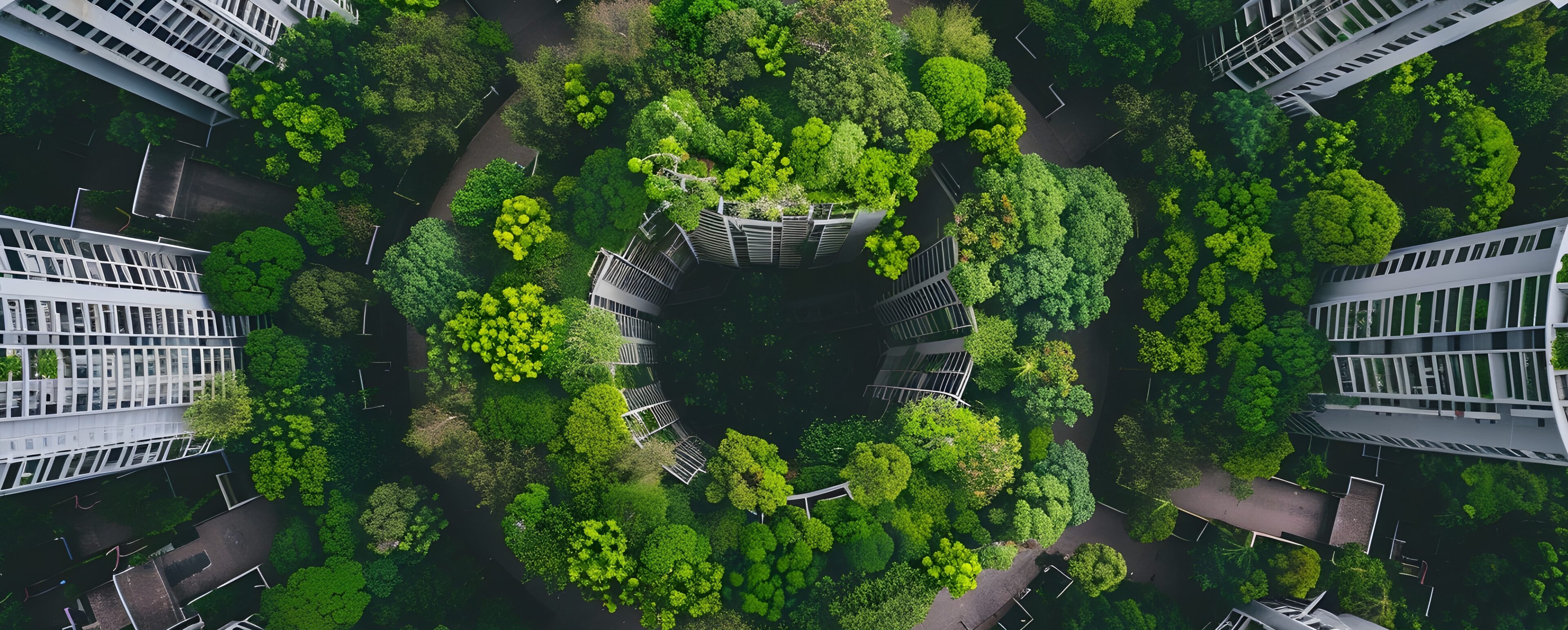 Aerial view of a circular organizing systems design concept with green vegetation,architecture,and geometric patterns,promoting sustainable and efficient use of resources.
